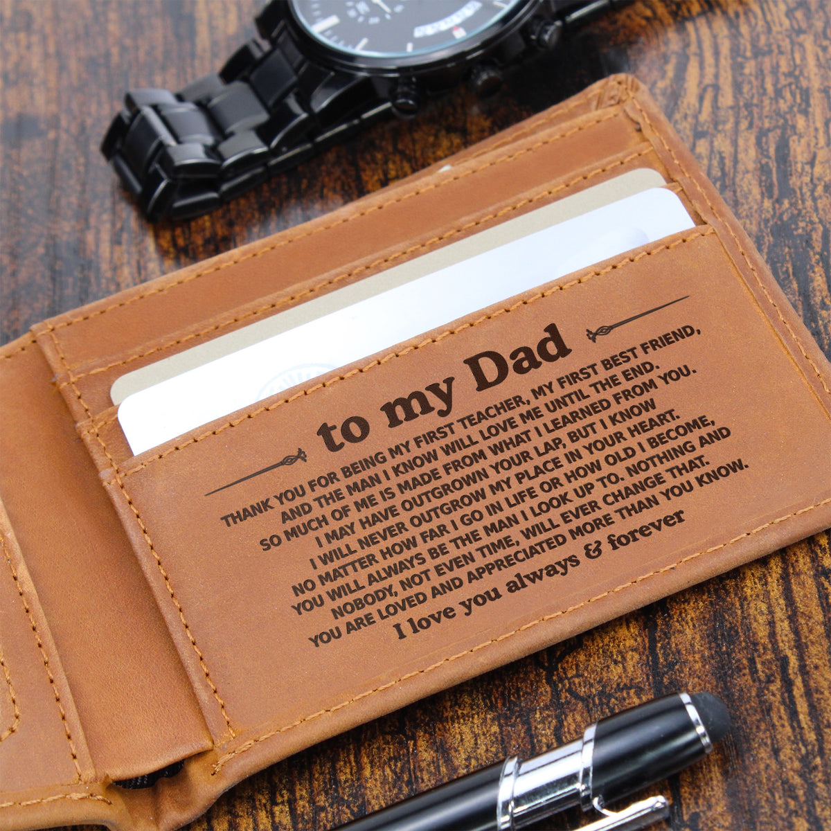 To My Dad — Always & Forever Engraved Leather Wallet